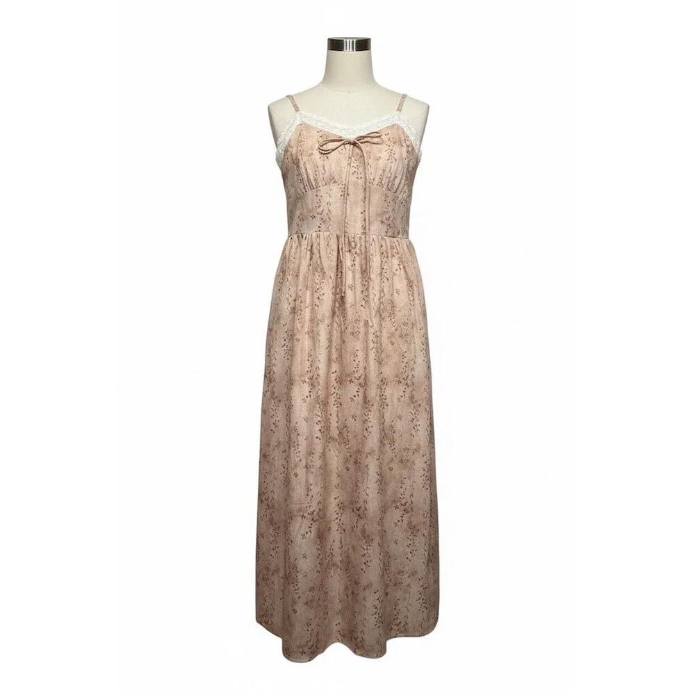 Rosie Posie Midi Dress Womens Size L Beige Floral Sweetheart Bow Lace Trim - Picture 2 of 3